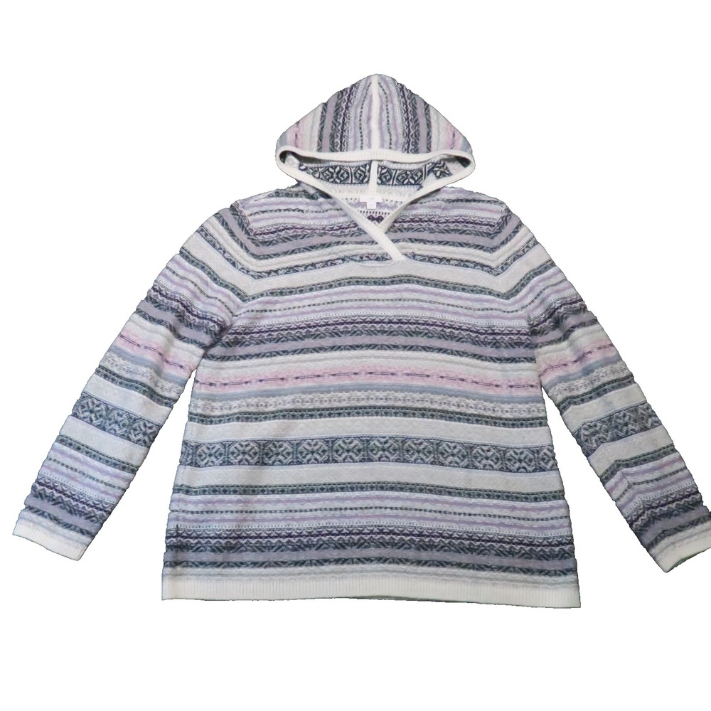 J Jill Hooded Sweater L Ivory Purple Nordic Fair Isle Textured Cottagecore Hygge